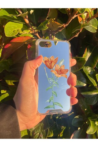 İphone 8 Uyumlu Aynalı Turuncu Çiçek Desenli Darbe Kamera Korumalı Silikon Telefon Kılıfı