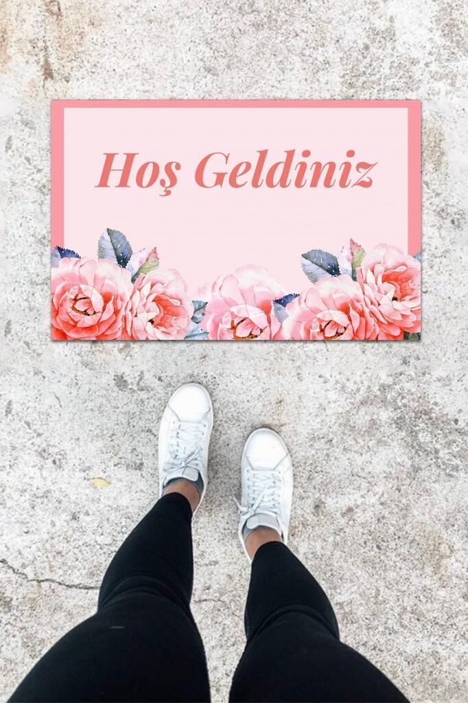 Dijital Baskı Pembe Gül Desen Kapı Önü Paspası K-1011