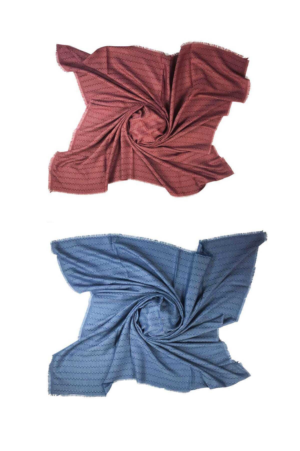 2 Adet Kadın Pamuklı Yün Eşarp Açık Bordo Mavi 100x100