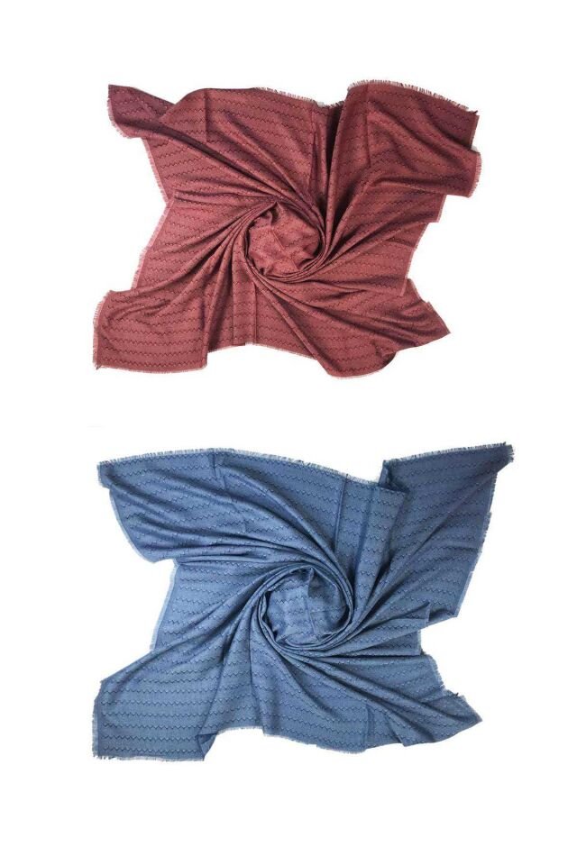 2 Adet Kadın Pamuklı Yün Eşarp Açık Bordo Mavi 100x100