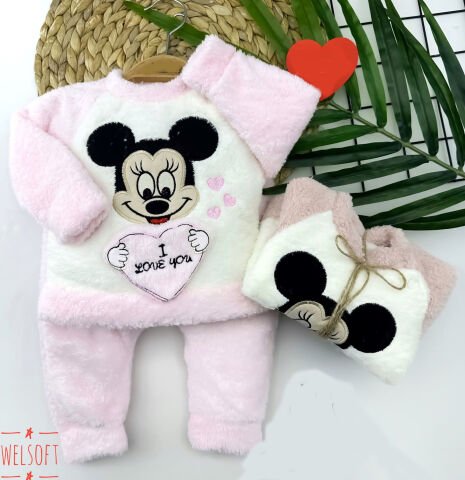 6-9-12-18 Ay Welsoft Kumaş Mickey Desenli Uzun Kollu 2li Kız Erkek Bebek Takımı
