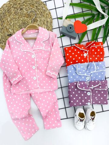 9-12-18-24 Ay Puantiyeli Düğme Kapama 2li Kız Erkek Bebek Pijama Takımı