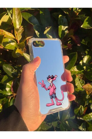 İphone 8 Uyumlu Aynalı Pembe Panter Desenli Darbe Kamera Korumalı Silikon Telefon Kılıfı