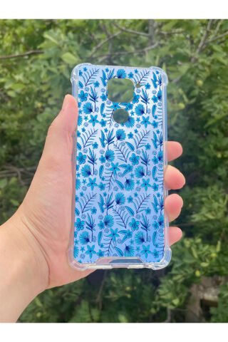 Xiaomi Redmi Note 9 Uyumlu Aynalı Mavi Çiçek Desenli Darbe Kamera Korumalı Silikon Telefon Kılıfı