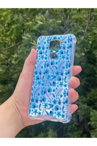 Xiaomi Redmi Note 9 Uyumlu Aynalı Mavi Çiçek Desenli Darbe Kamera Korumalı Silikon Telefon Kılıfı