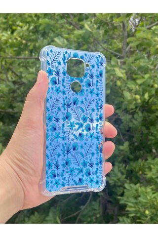 Xiaomi Redmi Note 9 Uyumlu Aynalı Mavi Çiçek Desenli Darbe Kamera Korumalı Silikon Telefon Kılıfı