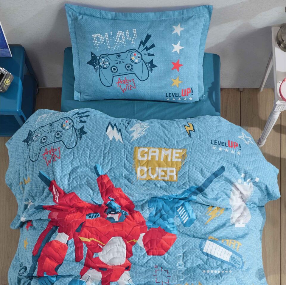 Ranforce 100% Pamuk Tek Kişilik Dört Mevsim Set Game Over V1 Mavi