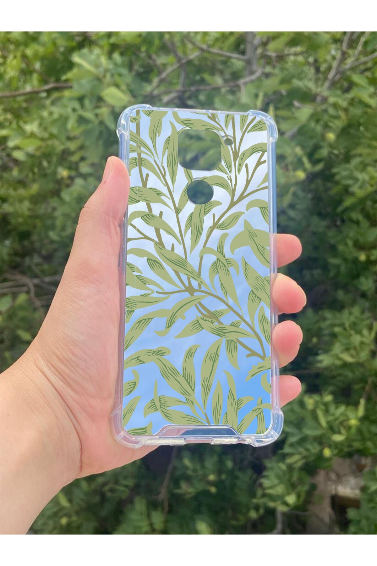 Xiaomi Redmi Note 9 Uyumlu Aynalı Yeşil Yaprak Desenli Darbe Kamera Korumalı Silikon Telefon Kılıfı