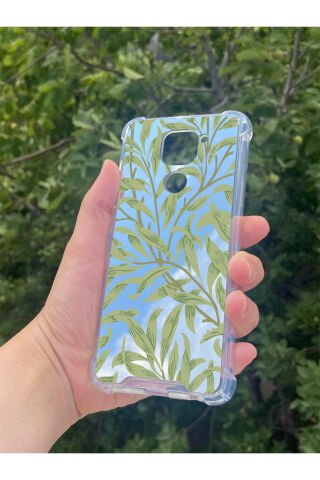 Xiaomi Redmi Note 9 Uyumlu Aynalı Yeşil Yaprak Desenli Darbe Kamera Korumalı Silikon Telefon Kılıfı