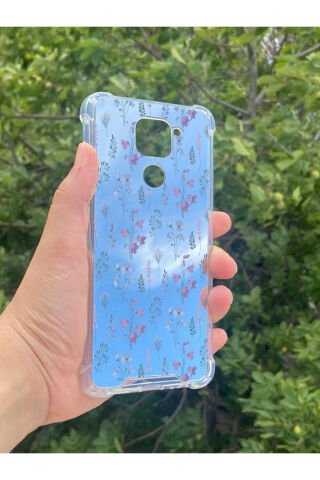Xiaomi Redmi Note 9 Uyumlu Aynalı Mor Çiçek Desenli Darbe Kamera Korumalı Silikon Telefon Kılıfı