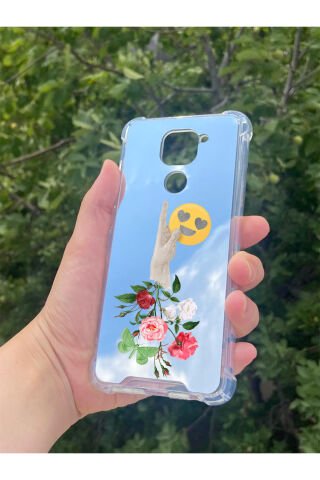 Xiaomi Redmi Note 9 Uyumlu Aynalı Çiçekli El Desenli Darbe Kamera Korumalı Silikon Telefon Kılıfı