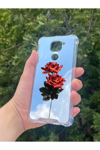 Xiaomi Redmi Note 9 Uyumlu Aynalı Gül Desenli Darbe Kamera Korumalı Silikon Telefon Kılıfı