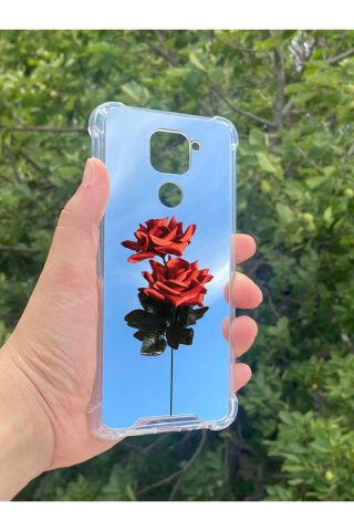 Xiaomi Redmi Note 9 Uyumlu Aynalı Gül Desenli Darbe Kamera Korumalı Silikon Telefon Kılıfı