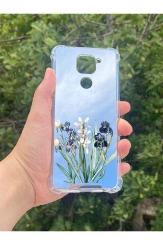 Xiaomi Redmi Note 9 Uyumlu Aynalı Mor Beyaz Desenli Darbe Kamera Korumalı Silikon Telefon Kılıfı