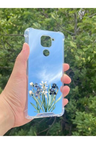 Xiaomi Redmi Note 9 Uyumlu Aynalı Mor Beyaz Desenli Darbe Kamera Korumalı Silikon Telefon Kılıfı