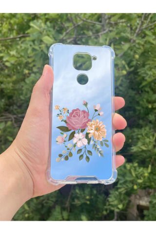 Xiaomi Redmi Note 9 Uyumlu Aynalı Pembe Gül Desenli Darbe Kamera Korumalı Silikon Telefon Kılıfı