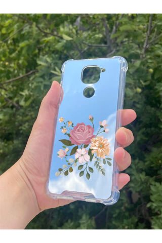 Xiaomi Redmi Note 9 Uyumlu Aynalı Pembe Gül Desenli Darbe Kamera Korumalı Silikon Telefon Kılıfı