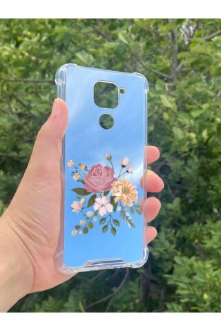 Xiaomi Redmi Note 9 Uyumlu Aynalı Pembe Gül Desenli Darbe Kamera Korumalı Silikon Telefon Kılıfı