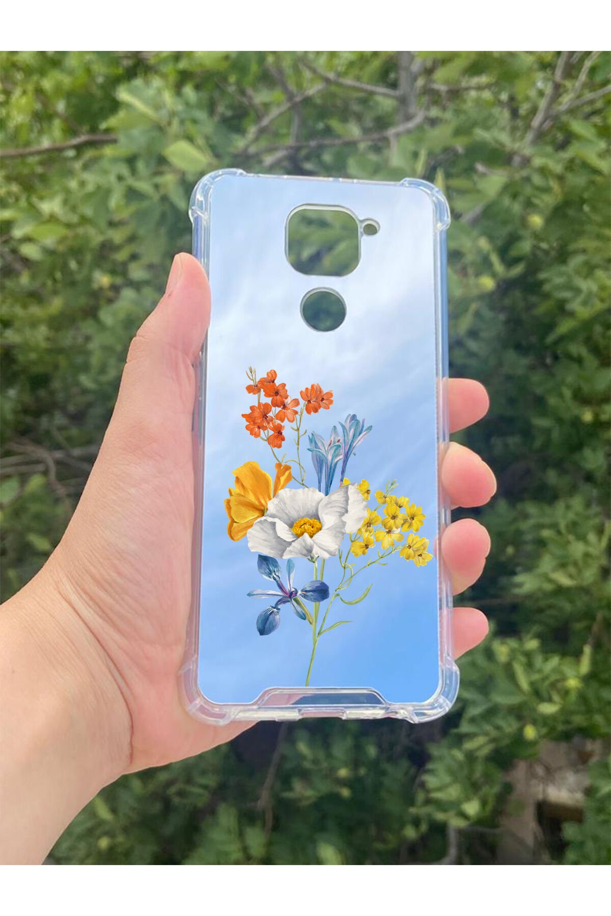 Xiaomi Redmi Note 9 Uyumlu Aynalı Sarı Çiçek Desenli Darbe Kamera Korumalı Silikon Telefon Kılıfı