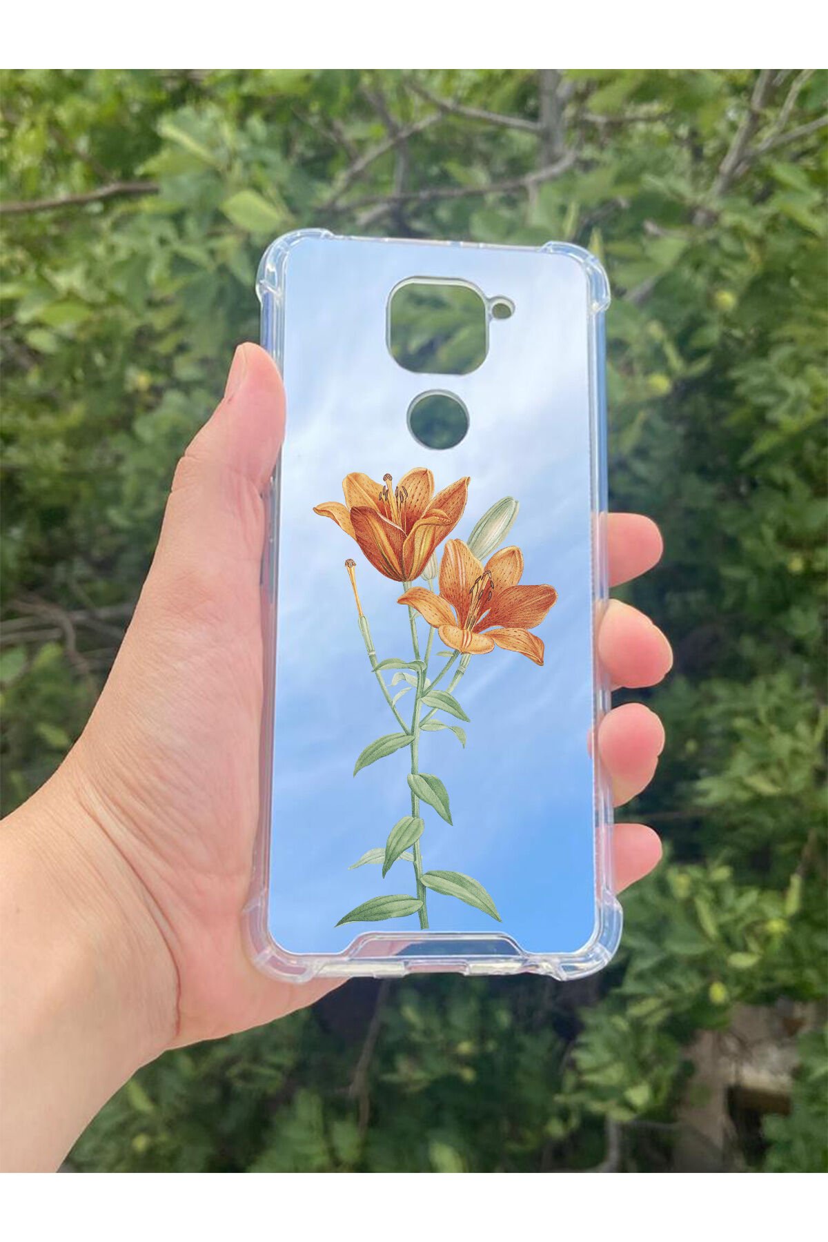 Xiaomi Redmi Note 9 Uyumlu Aynalı Lale Desenli Darbe Kamera Korumalı Silikon Telefon Kılıfı
