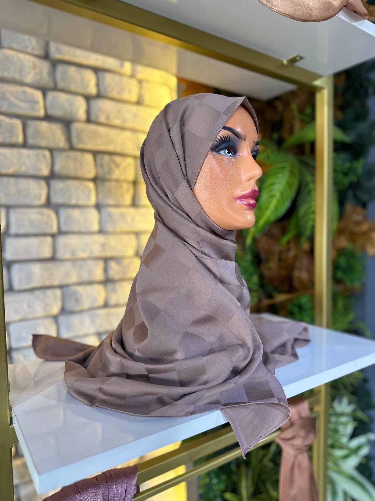 Kadın Şal Jakar Kumaş  75 X 185 cm Dama Model Vizon