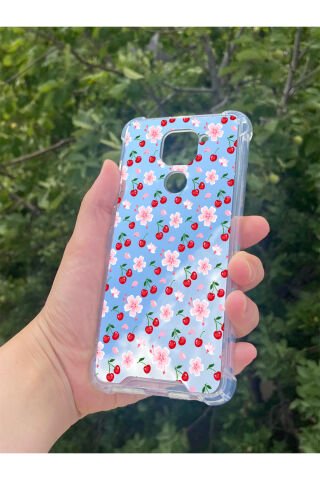 Xiaomi Redmi Note 9 Uyumlu Aynalı Kiraz Desenli Darbe Kamera Korumalı Silikon Telefon Kılıfı