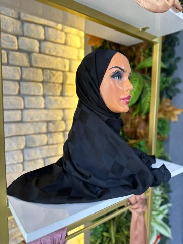 Kadın Şal Jakar Kumaş  75 X 185 cm Dama Model Siyah