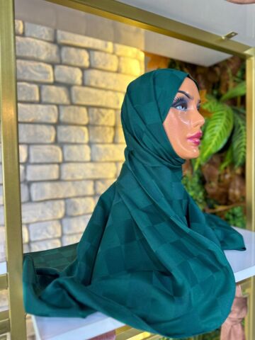 Kadın Şal Jakar Kumaş  75 X 185 cm Dama Model Petrol Yeşili