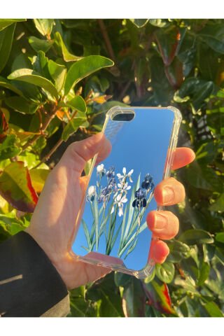İphone SE 2020 Uyumlu Aynalı Mavi Beyaz Desenli Darbe Kamera Korumalı Silikon Telefon Kılıfı
