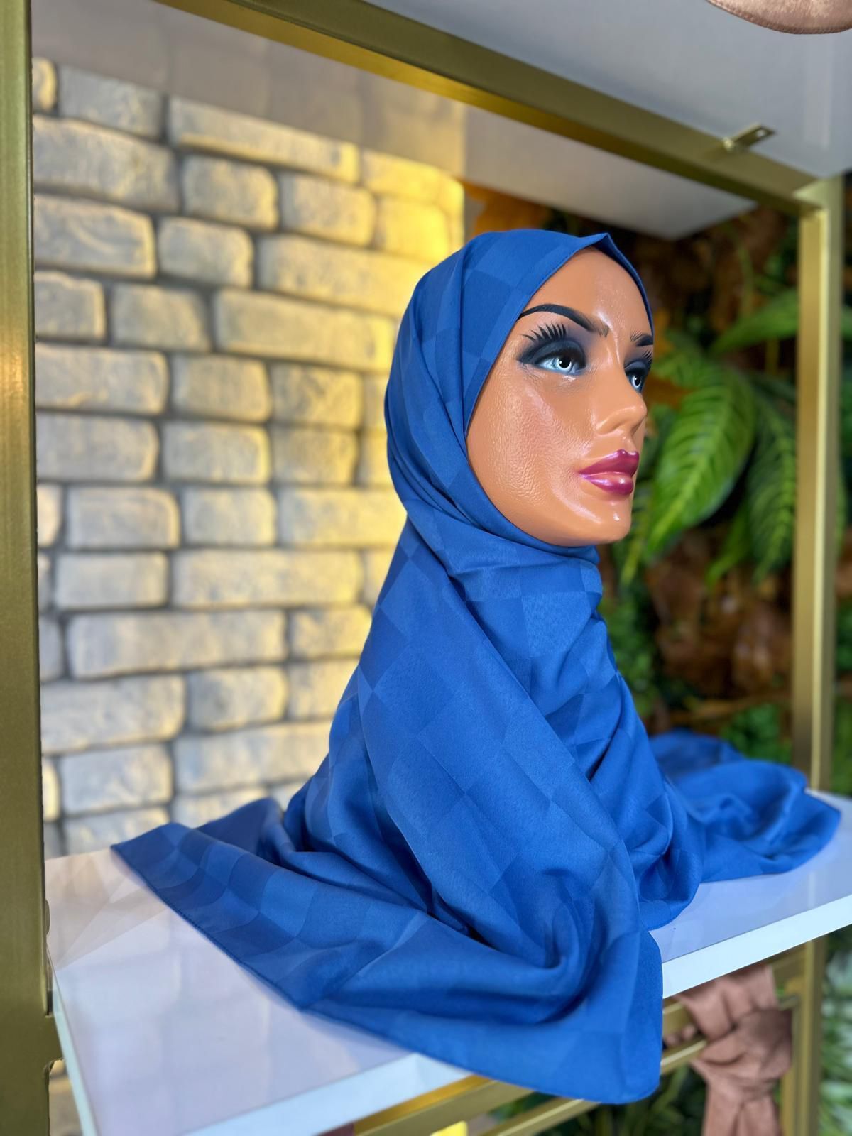 Kadın Şal Jakar Kumaş  75 X 185 cm Dama Model Saks Mavi